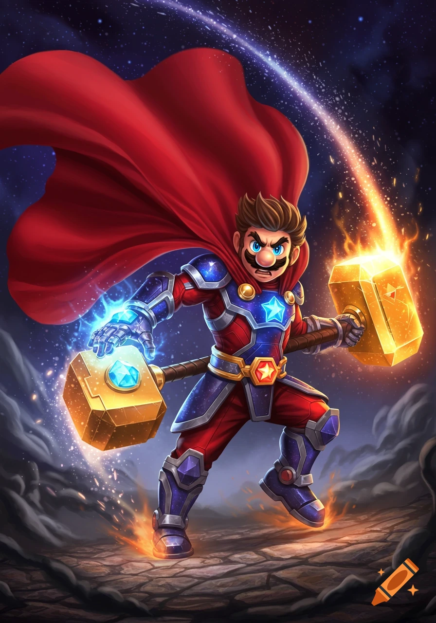 Heroic Mario in a red cape and blue-red armored suit wields two glowing hammers against a cosmic, starlit background.