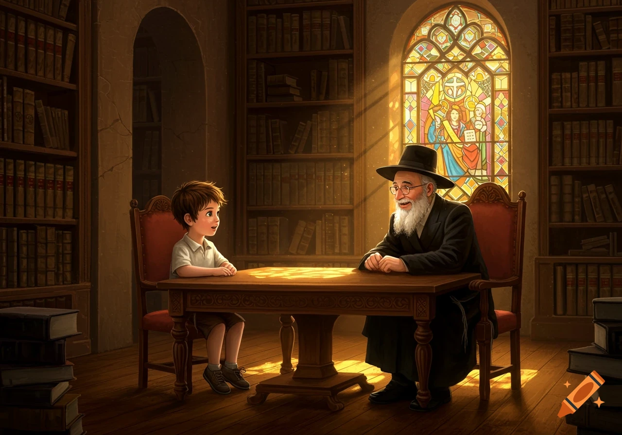 A young boy and an old rabbi with a long white beard sit opposite each other at a wooden table in a sunlit library, with bookshelves and a stained glass window.