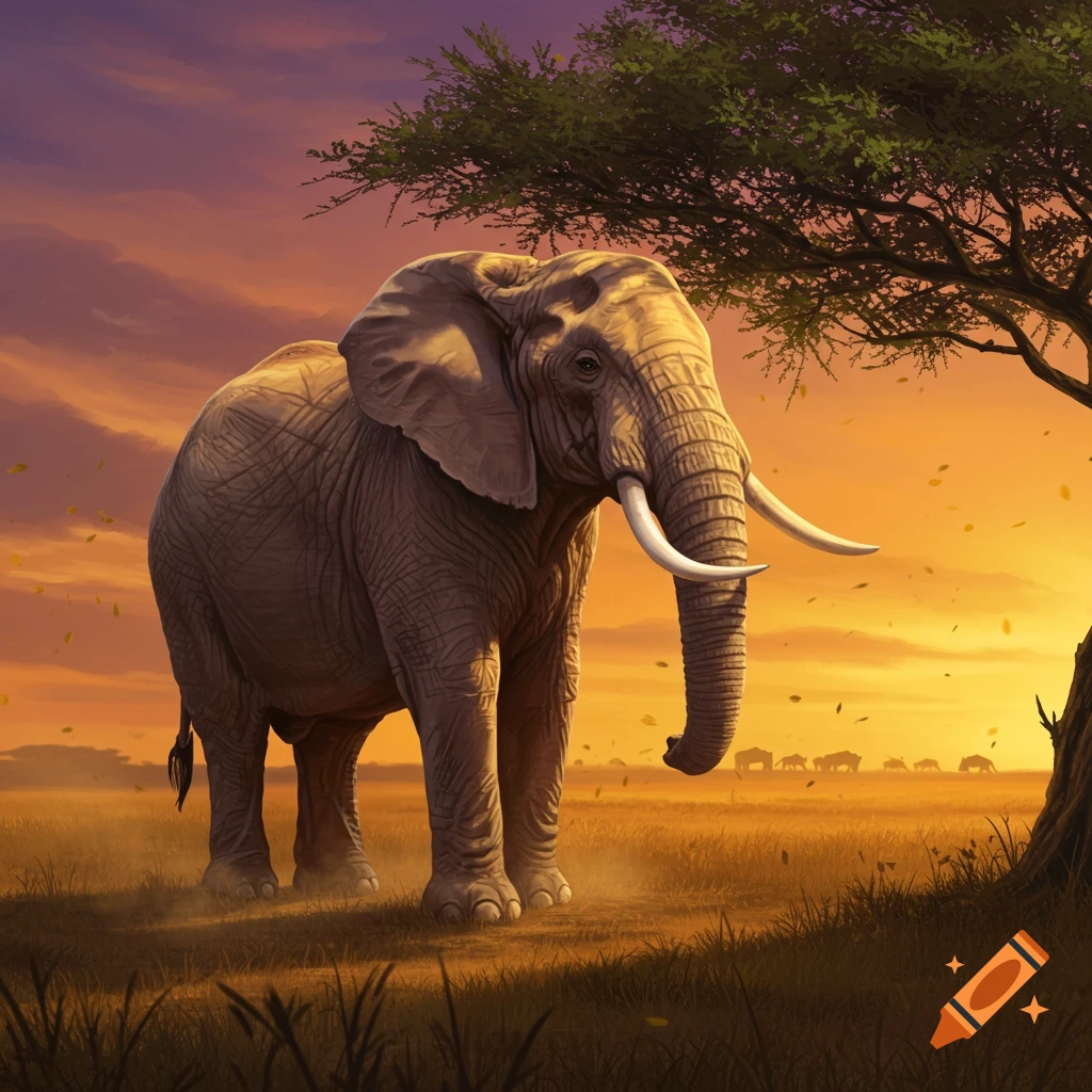 An elephant stands in a savanna field at sunset, with a tree to its right and a herd in the distance. Painted style.