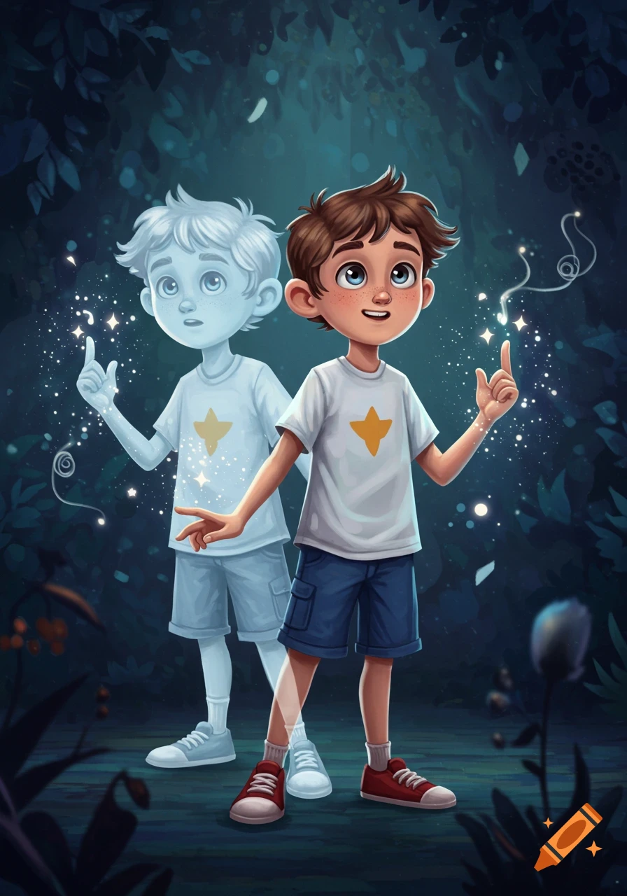 A cartoon boy and his translucent duplicate create magic sparkles in a dark, enchanted forest.