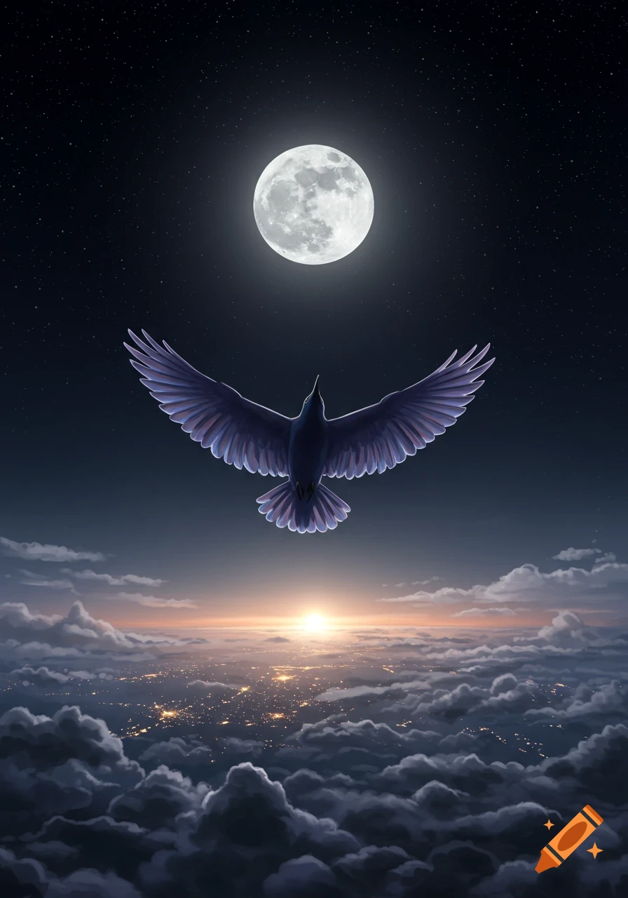A dark bird flies towards a full moon in a starry night sky above clouds and a glowing city horizon, digital art.