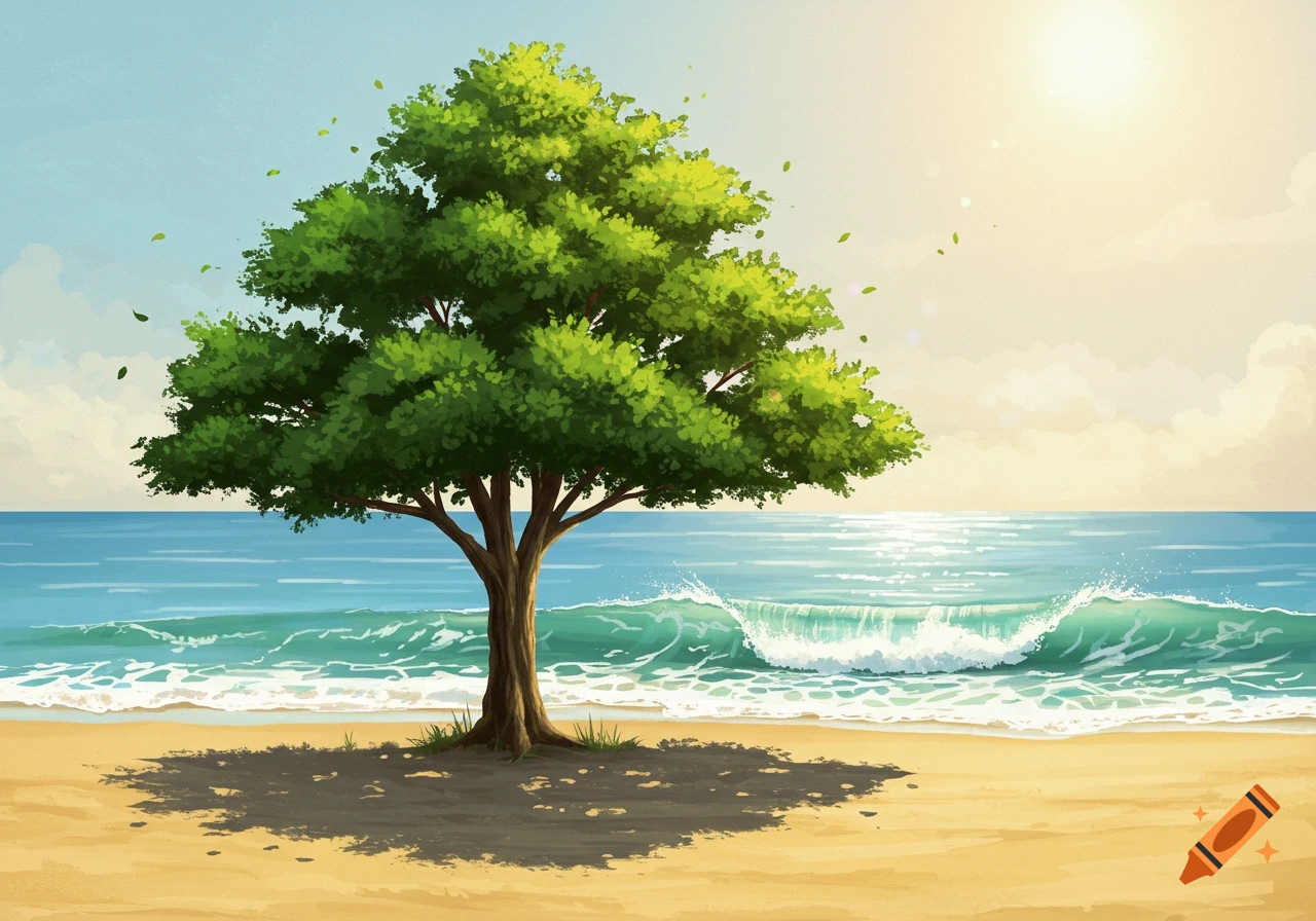 Illustrative painting of a green tree on a sandy beach with blue ocean waves and a bright sun in the sky.