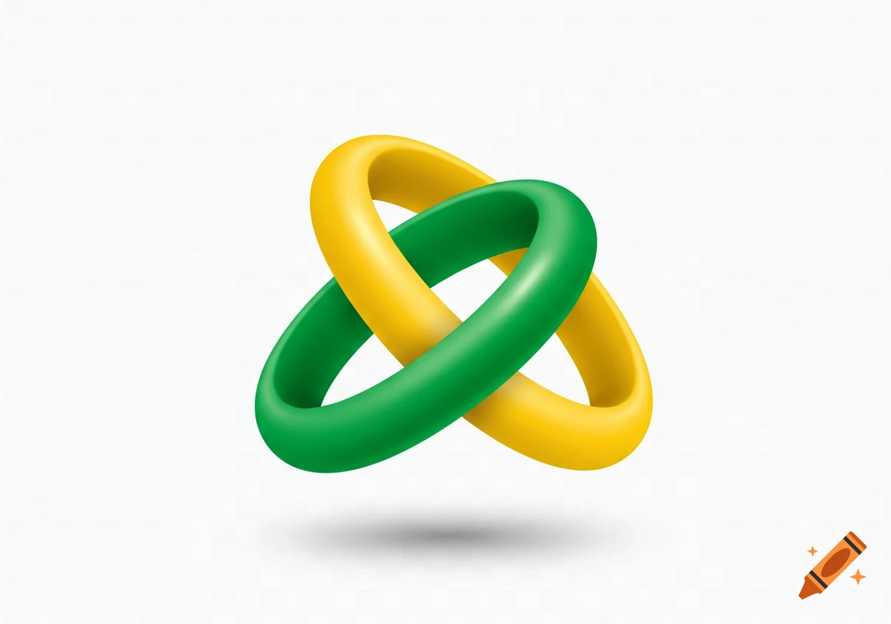 A 3D illustration of a vibrant green ring and a bright yellow ring intertwined, casting a subtle shadow on a clean white background.