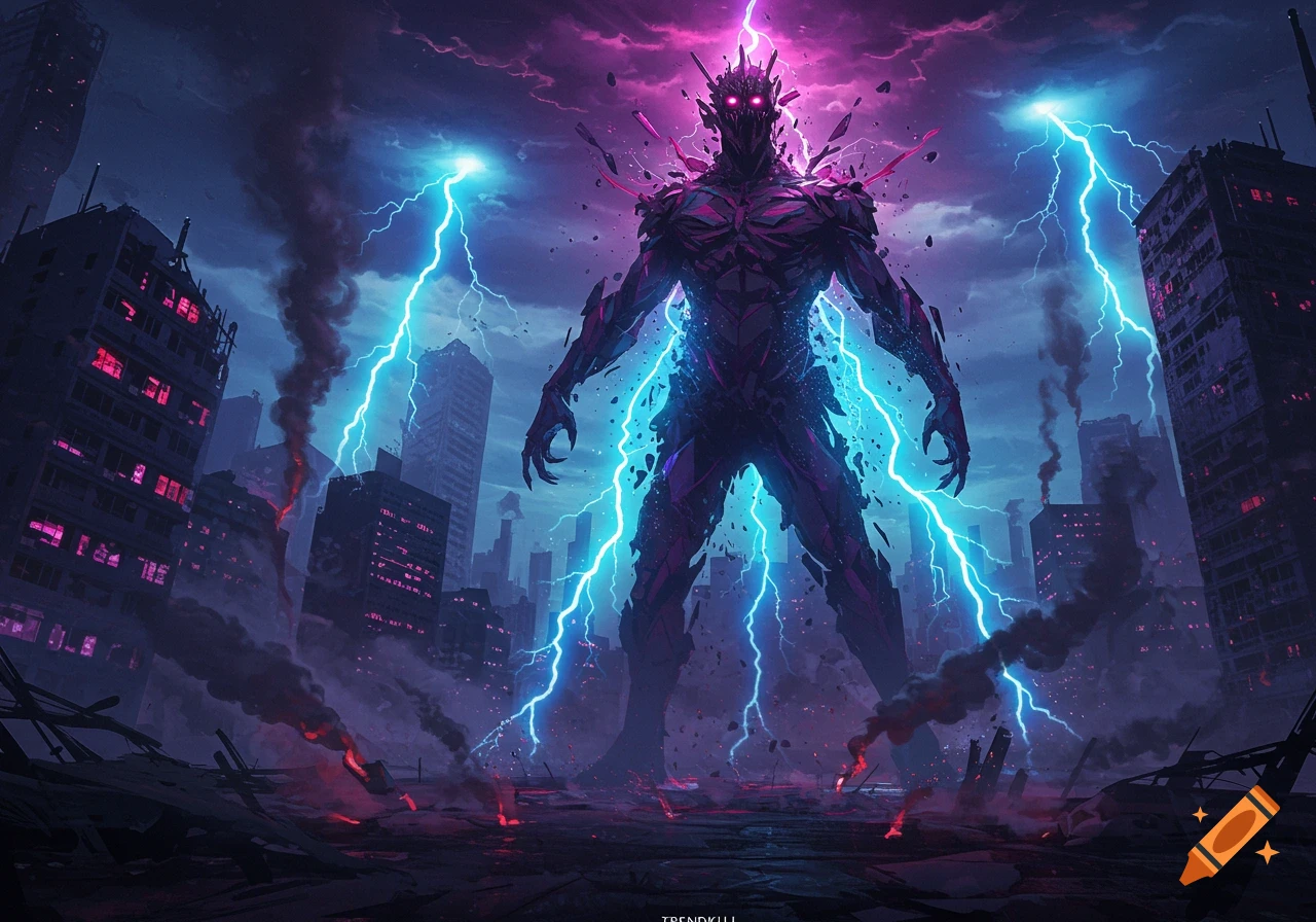 A giant, armored monster with glowing eyes and purple/blue lightning stands in a ruined city under a dark, stormy sky. Dystopian art style.