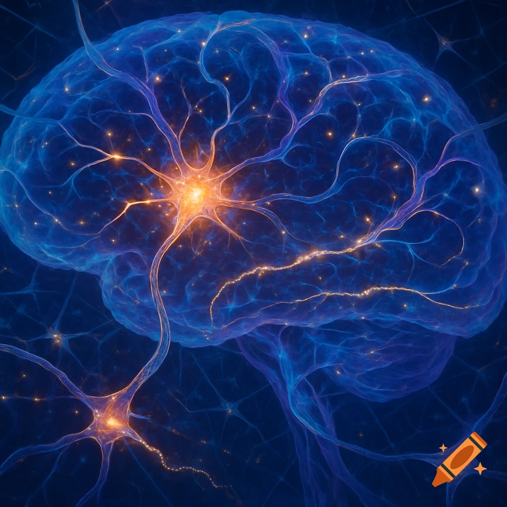 A vibrant blue brain with glowing orange neural pathways pulsating with energy against a dark background.