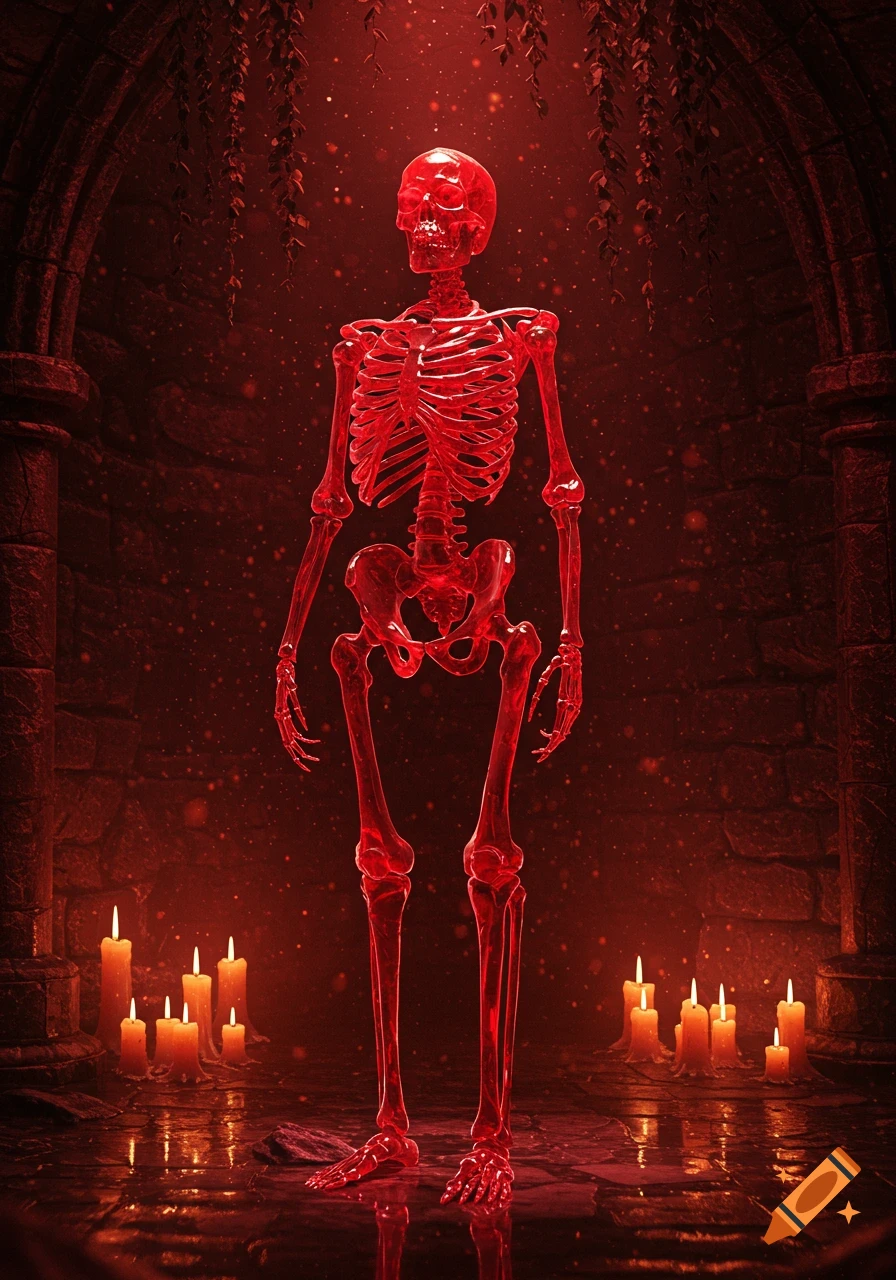 A glowing red ruby skeleton stands in a dark, candlelit gothic chamber with glowing particles and hanging vines.