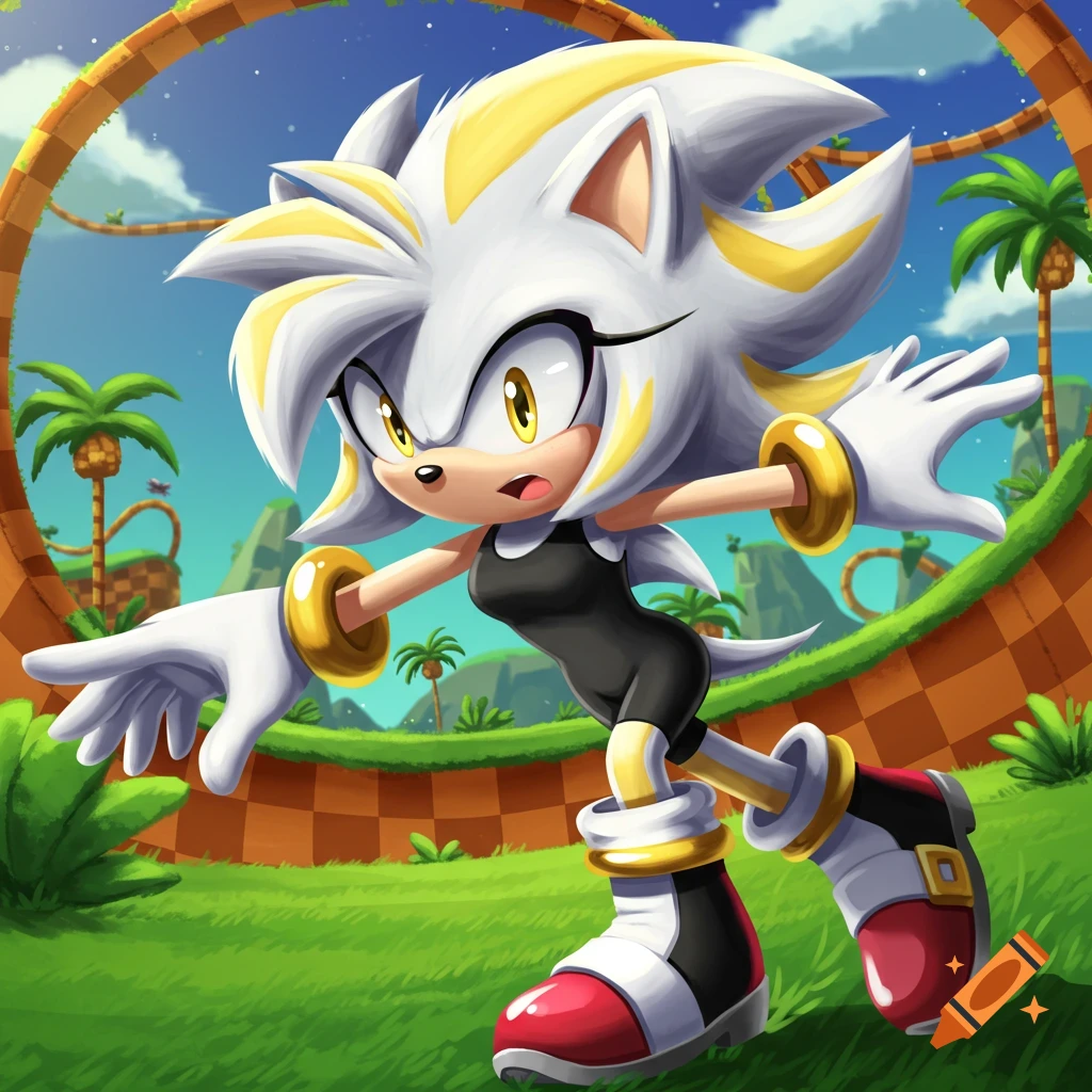 A white and yellow female hedgehog character in Sonic The Hedgehog style, running in a vibrant Green Hill Zone-like environment.