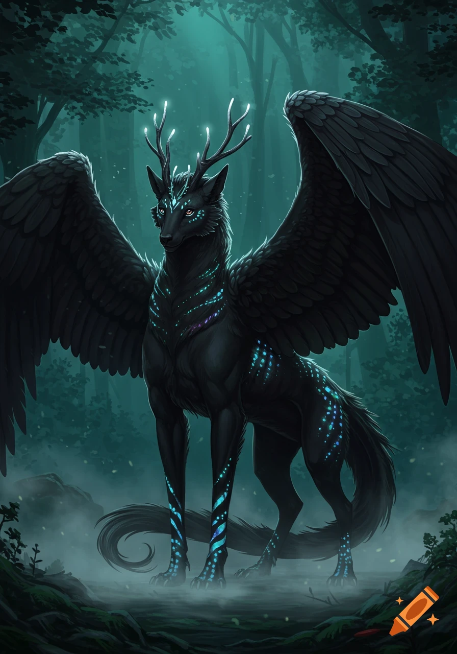 A majestic black winged creature with glowing antlers and markings stands in a misty, dark forest.