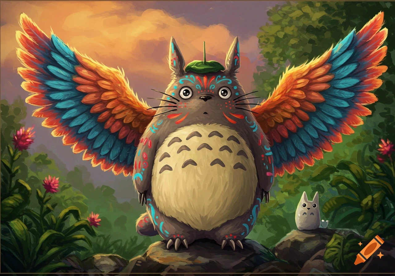 A vibrant, alebrije-style winged Totoro with colorful patterns and feathered wings stands in a lush forest under an orange sky, with a small white spirit.