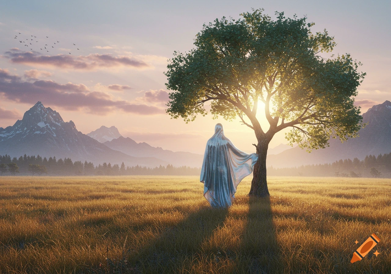 Photorealistic image of a robed figure standing by a large tree in a golden field at sunset, with mountains in the distance.
