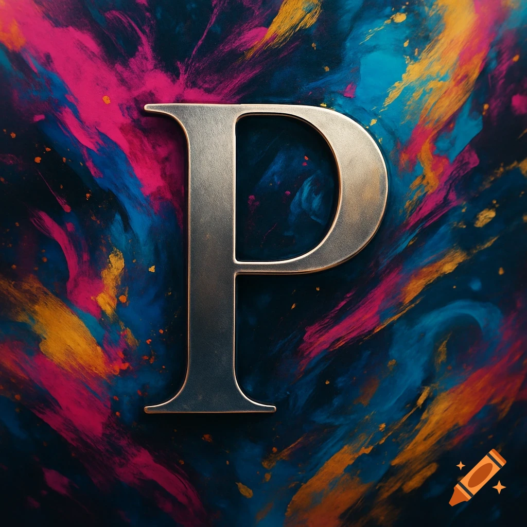A metallic letter 'P' on a vibrant abstract background with splashes of pink, blue, and gold.