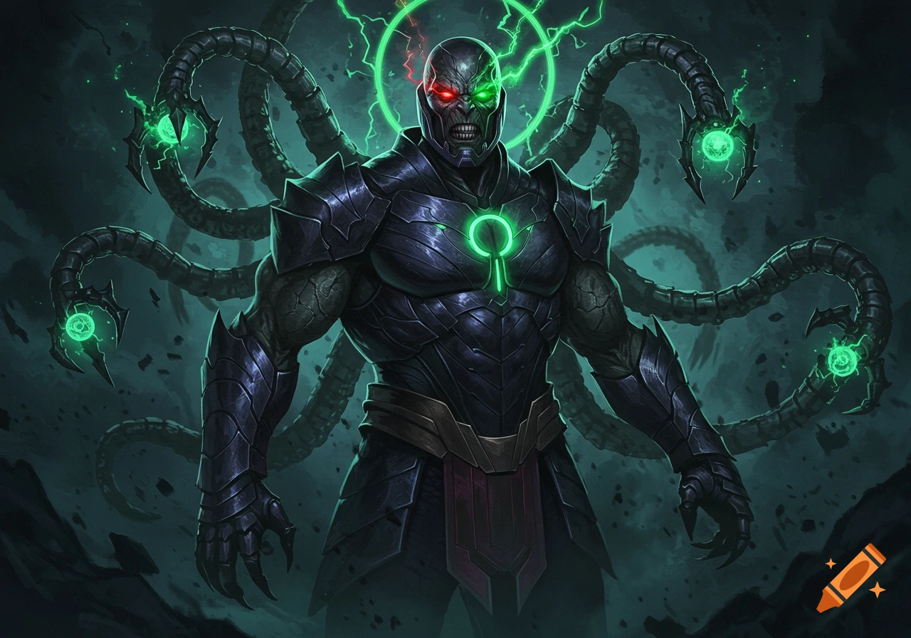 A menacing, armored figure with a skeletal face, glowing red and green eyes, and multiple mechanical tentacles emanating from its back. A glowing green symbol is on its chest.