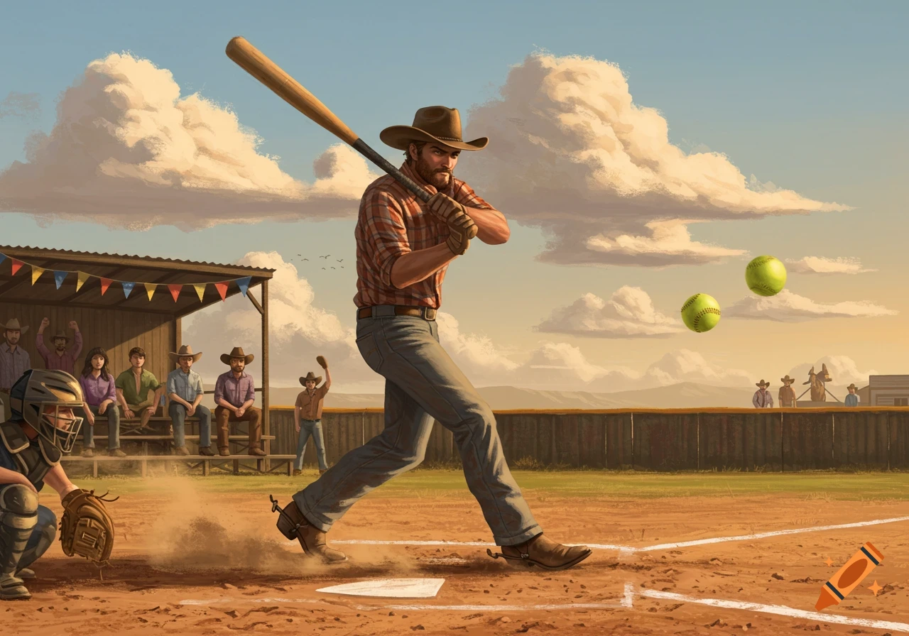 A cowboy batter swings at two softballs in a rustic softball game with a catcher, spectators, and a dusty field under a cloudy sky.