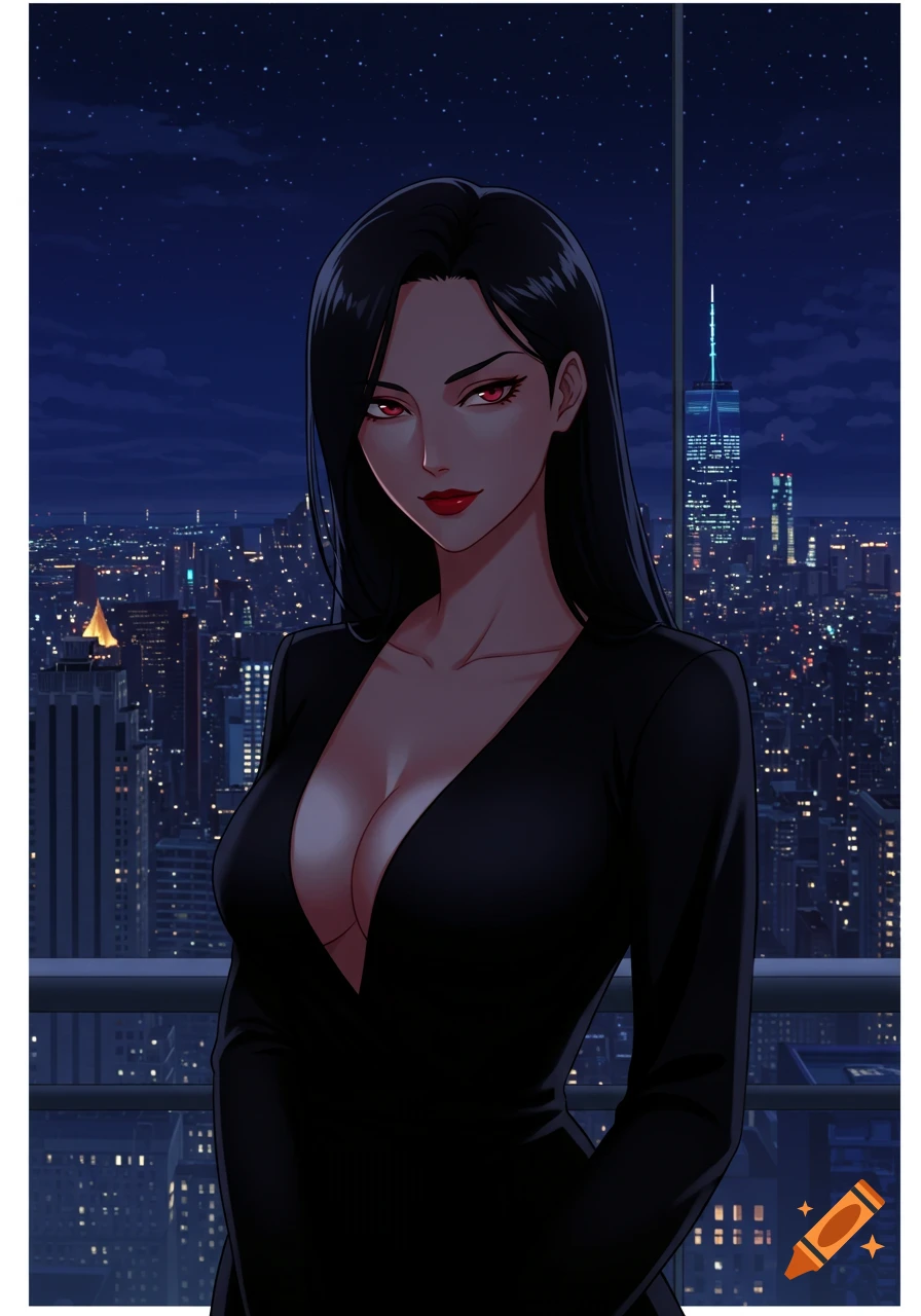 Anime woman in black v-neck dress, red eyes, and long black hair, standing on a balcony overlooking a nighttime city skyline.