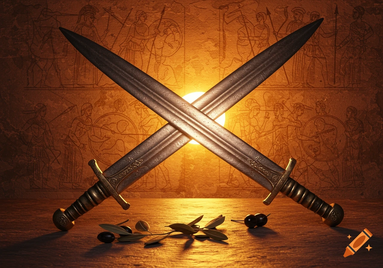 Two ancient Greek-style swords crossed over a warm light, with warrior carvings and olive branches.