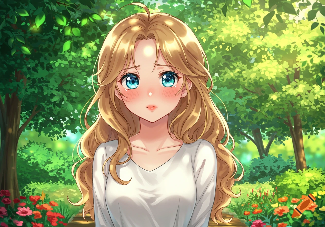 An anime woman with long golden hair and sparkling blue eyes blushes in a lush green park.