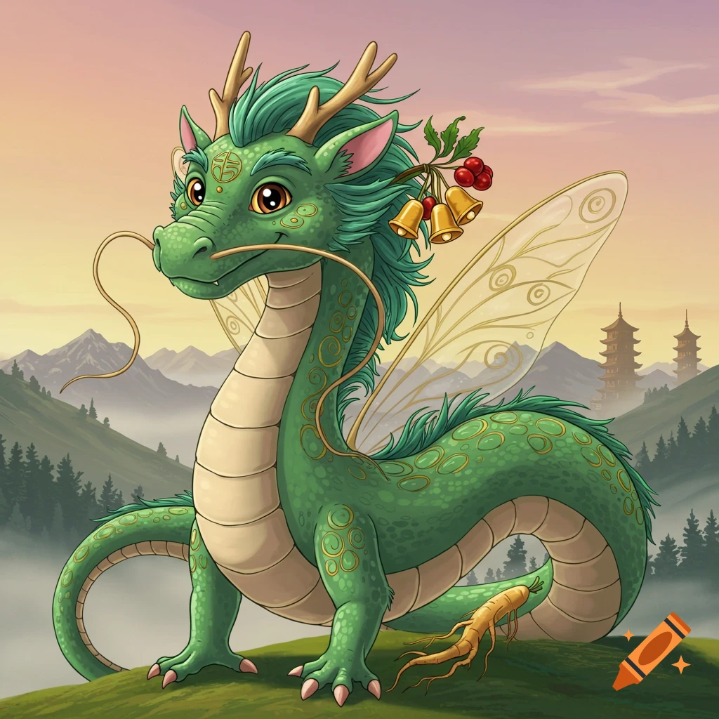 A friendly green dragon with fairy wings and bells on its head, sitting on a grassy hill with mountains and pagodas.