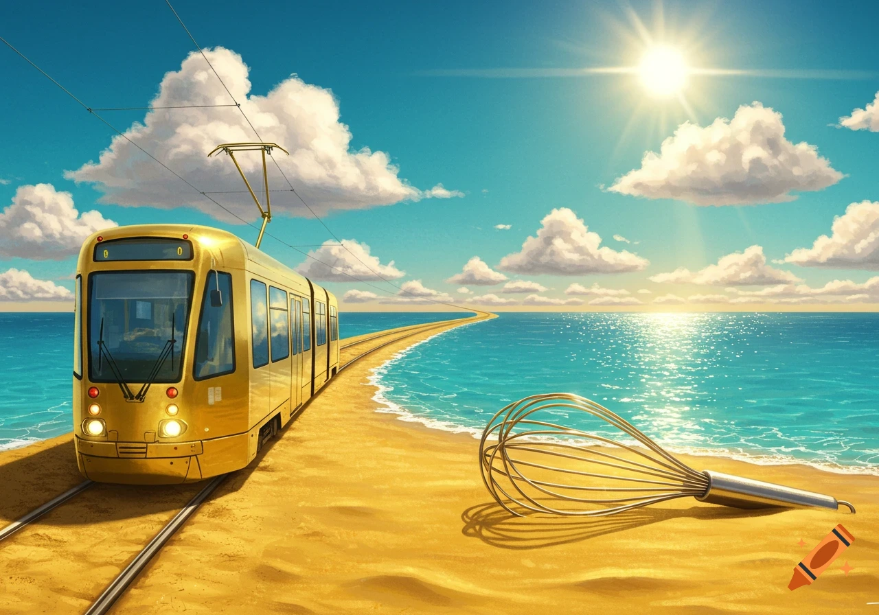 A golden tram on tracks runs along a sandy beach next to a turquoise ocean under a bright sun. A large kitchen whisk rests on the sand.