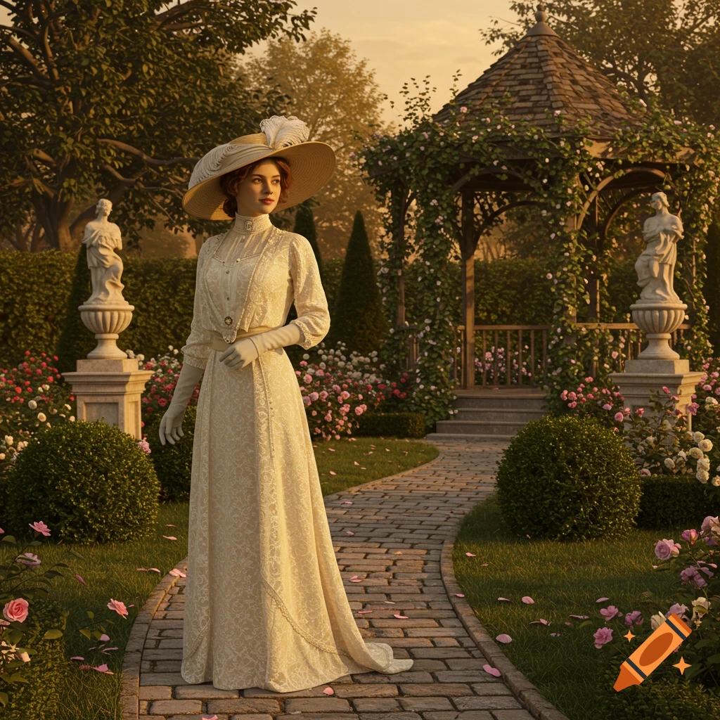 A woman in a cream-colored historical dress and wide-brimmed hat stands on a stone path in a lush garden with a gazebo at sunset.