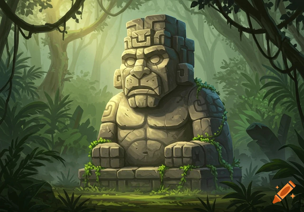 A large, ancient stone statue resembling a stylized ape or wumpus, covered in vines, in a dense green jungle.