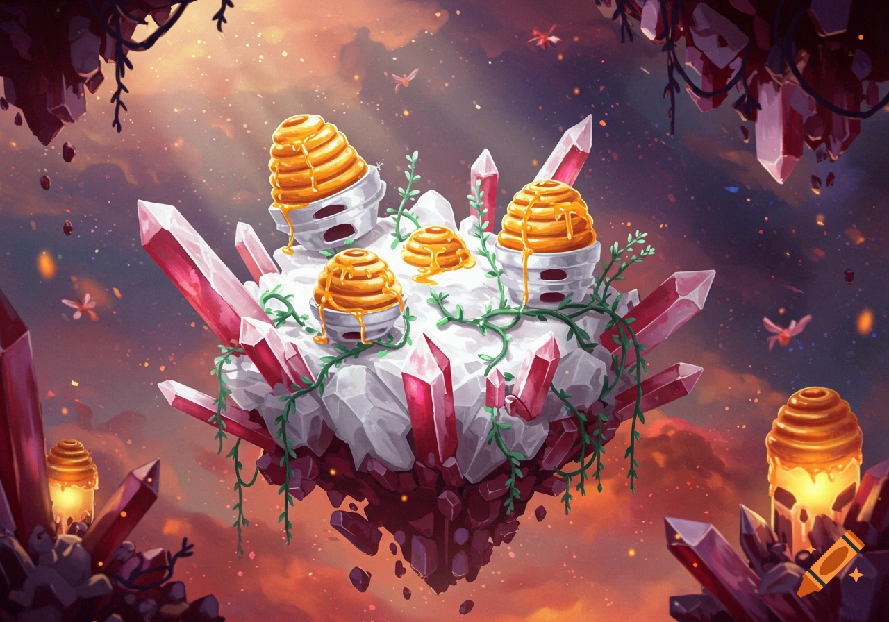 A fantasy scene of a floating crystal island with red and white facets, topped with golden honeycombs and glowing vines, set against a magical sky.