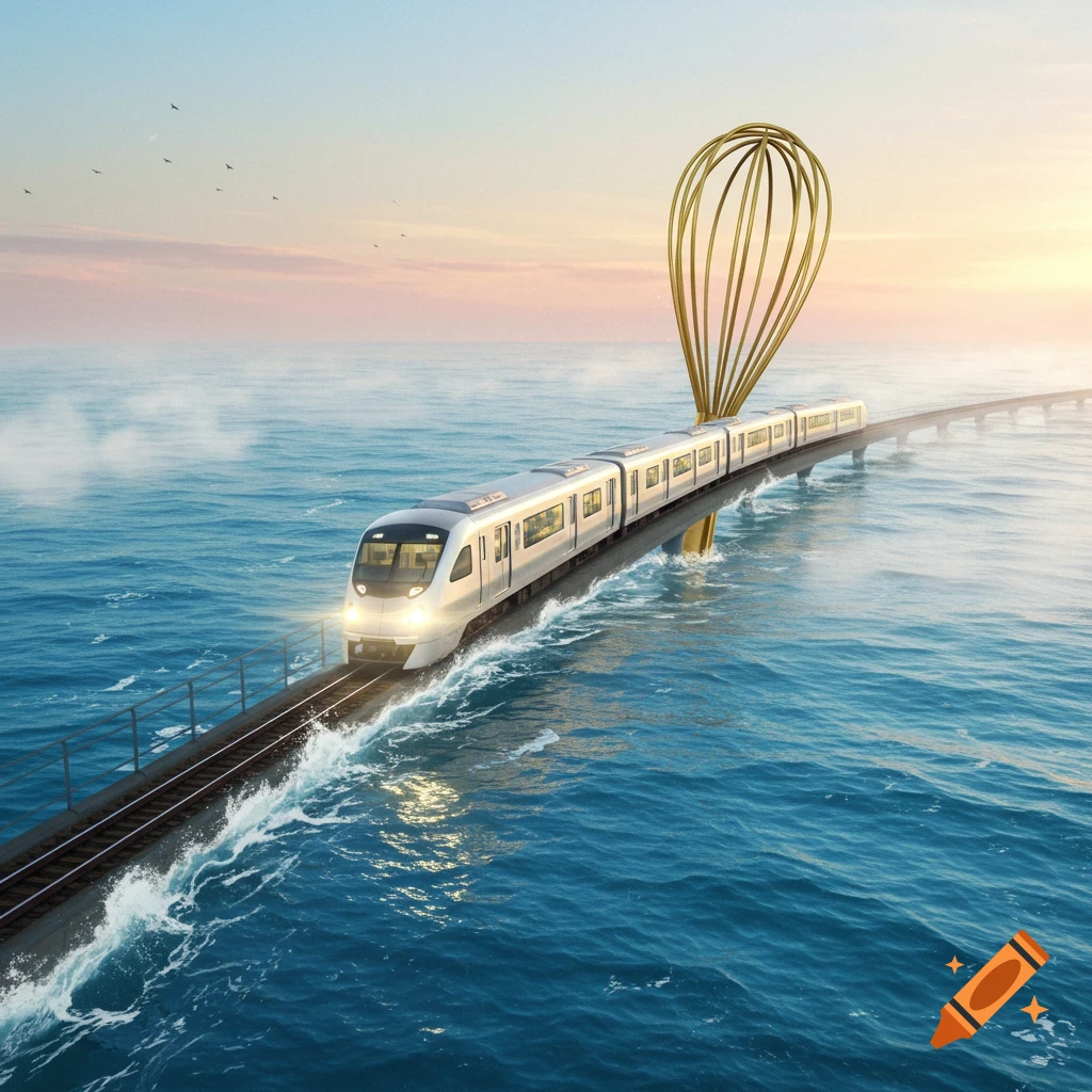 A modern silver train travels on a bridge over a vast blue ocean with a giant golden kitchen whisk emerging from the water.
