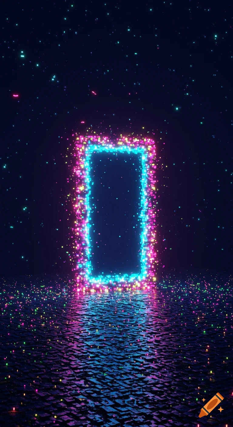 A vibrant pixelated portal glows blue and pink against a dark, starry sky, reflecting on a textured, shimmering ground.