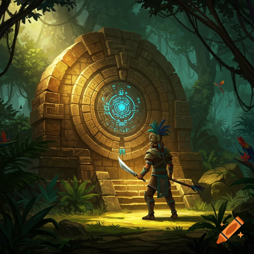 A warrior in a jungle stands before a glowing ancient stone portal, depicted in a digital painting style.