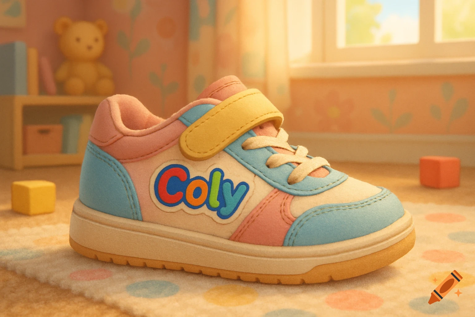 A colorful children's shoe with a "Coly" logo sits on a polka-dot rug in a bright nursery.
