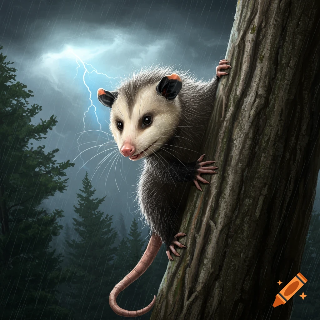 An opossum clings to a tree during a stormy night with lightning in the sky, photorealistic style.