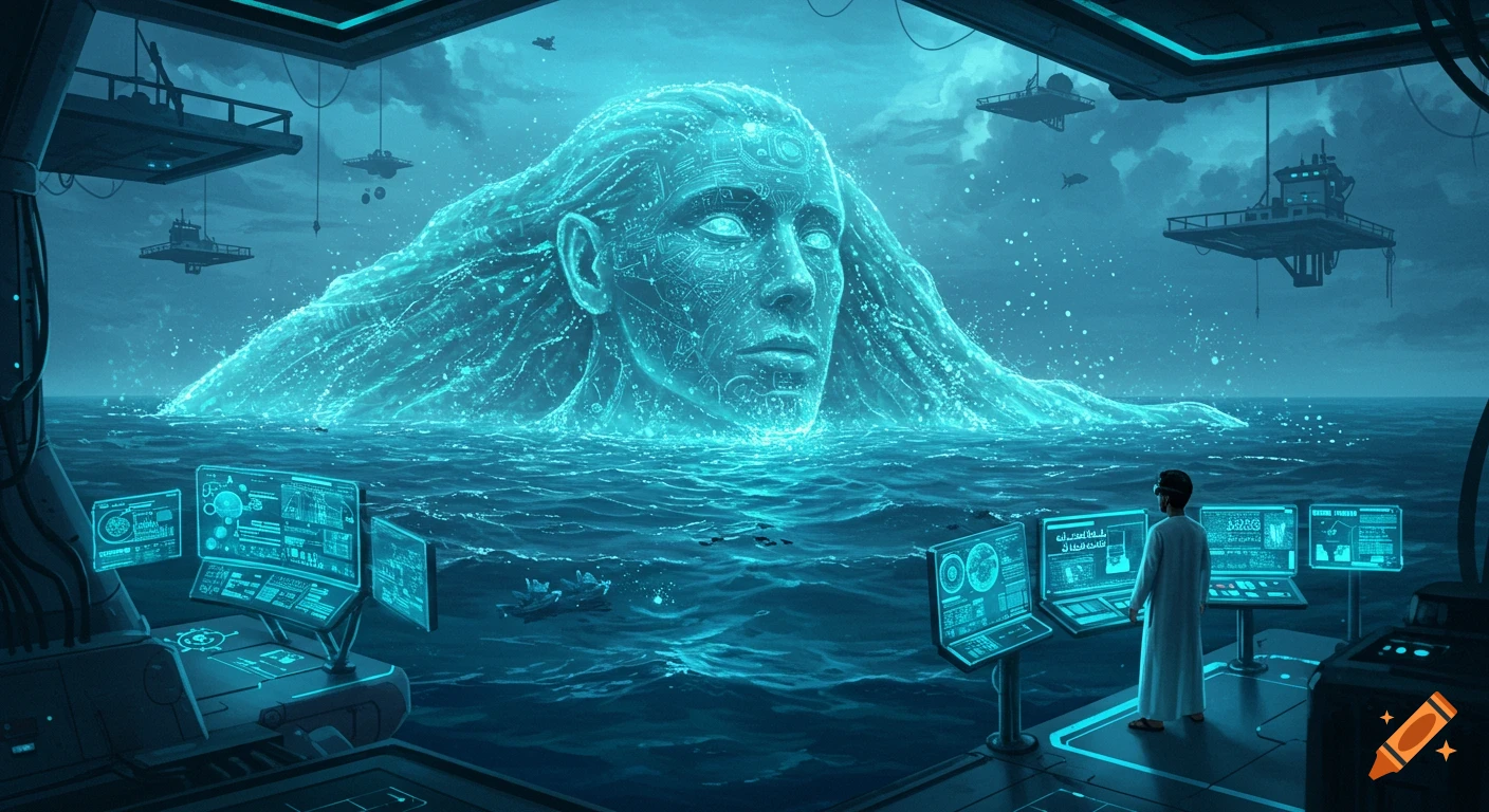 A futuristic control room views a giant, glowing blue face of water and circuitry emerging from a dark ocean, a digital art piece.