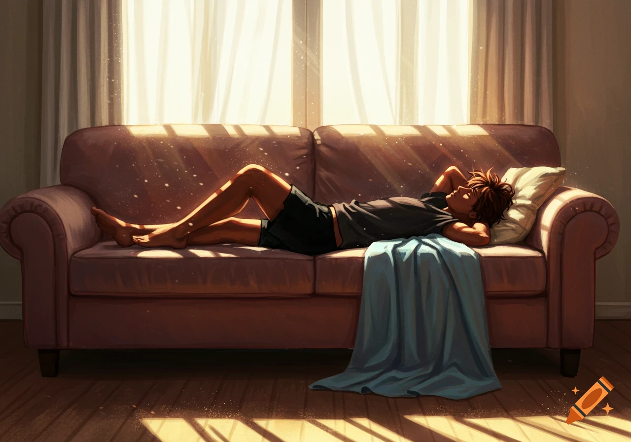 An illustration of a person with brown hair and skin, wearing a dark shirt and shorts, resting on a couch bathed in sunlight from a window.