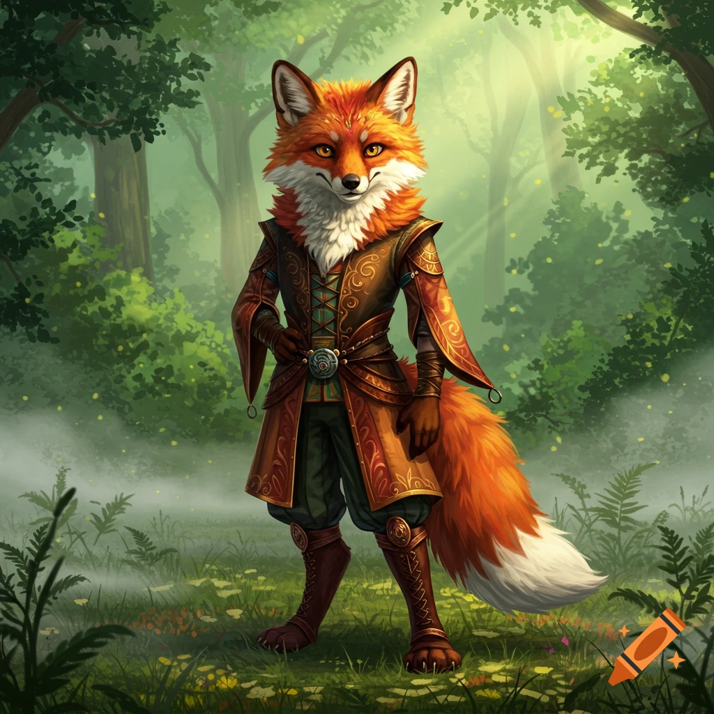 An anthropomorphic fox character in fantasy attire stands in a mystical forest, digital painting.