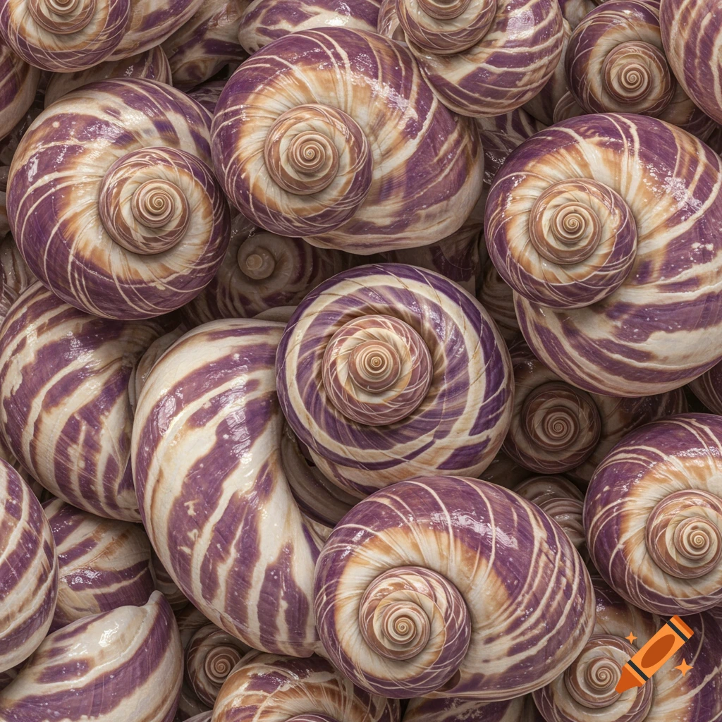 A photorealistic close-up of many purple, white, and ochre striped seashells with spiral patterns, stacked densely.
