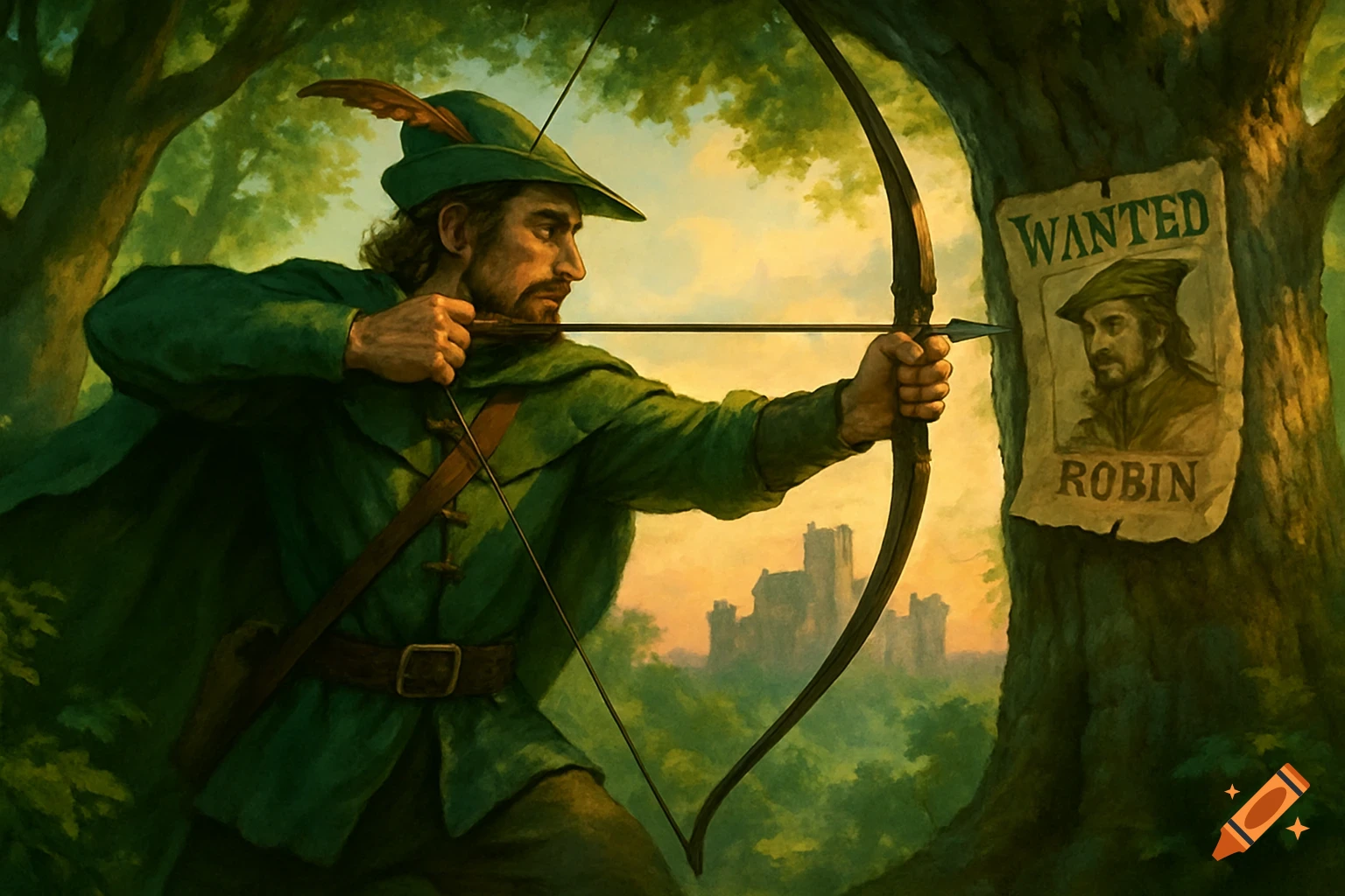 A man in green, like Robin Hood, aims a bow and arrow in a forest, with a castle in the background and a 'WANTED ROBIN' poster on a tree.