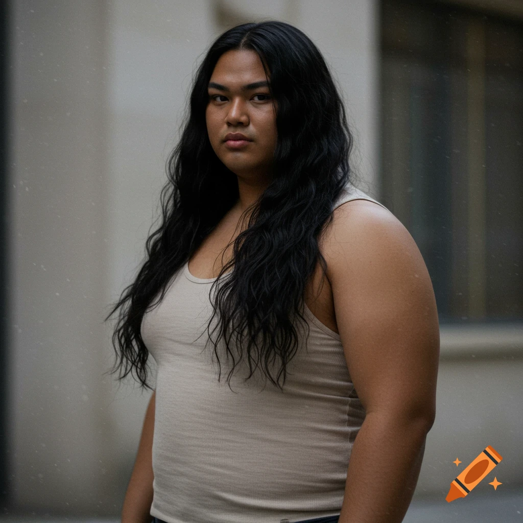 A person with long, wavy black hair and tan skin looks directly at the camera while wearing a light beige tank top in a photorealistic style.