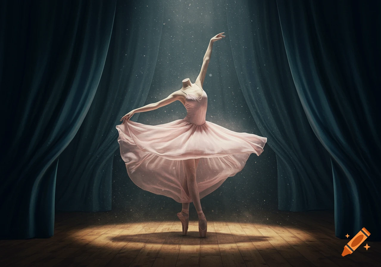 A headless ballerina in a flowing pink dress dances on pointe under a spotlight on a wooden stage with dark curtains.