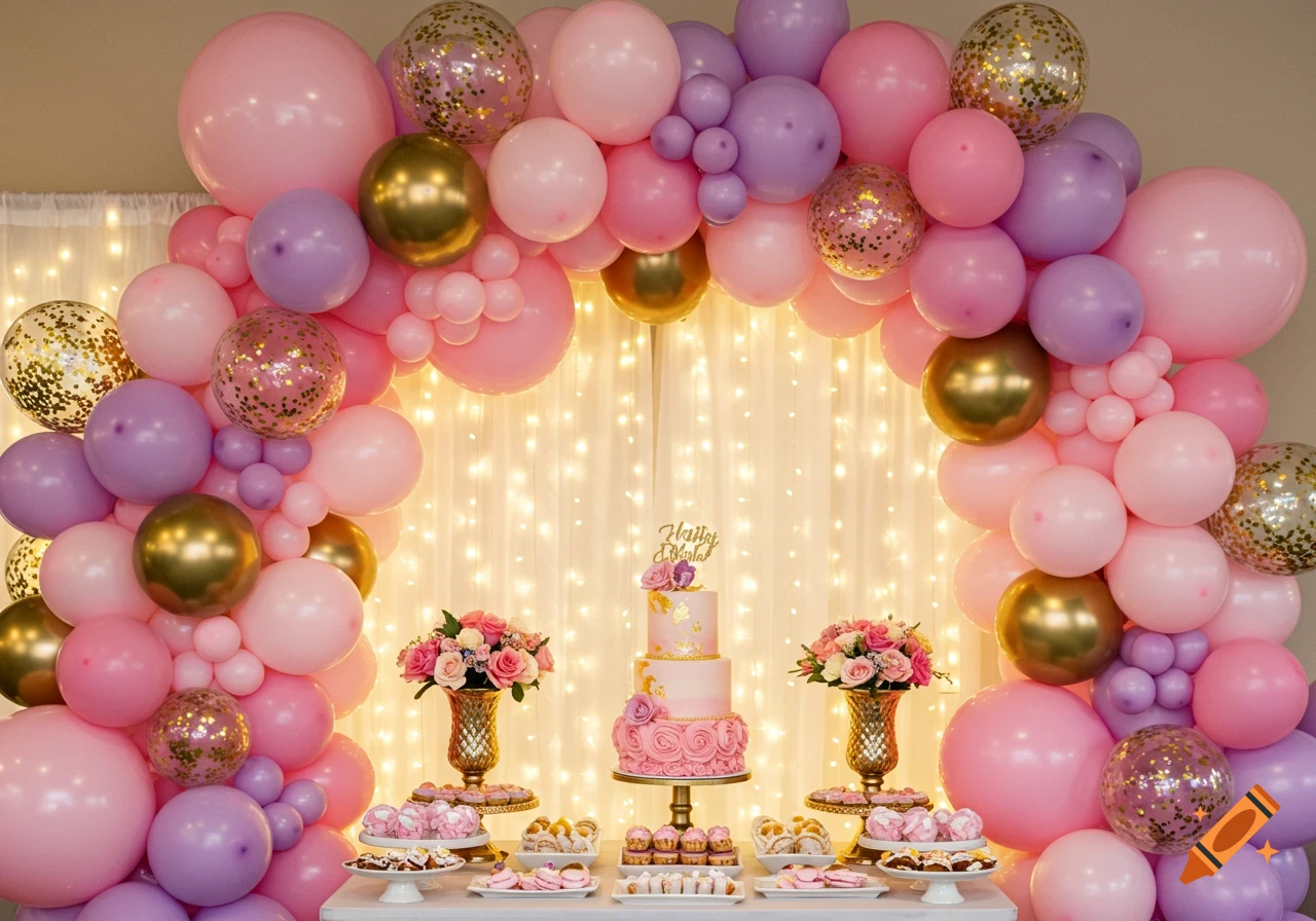 A pink, purple, and gold balloon arch frames a dessert table with a tiered birthday cake, flowers, and sweets, against string lights.
