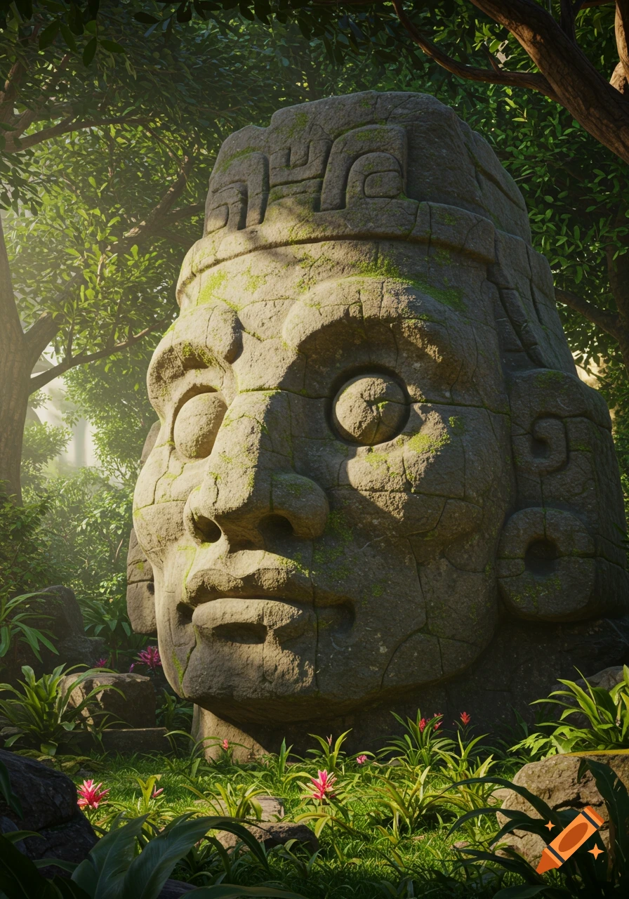 An ancient, moss-covered stone head statue with large eyes and thick lips, set in a lush green jungle with dappled sunlight.