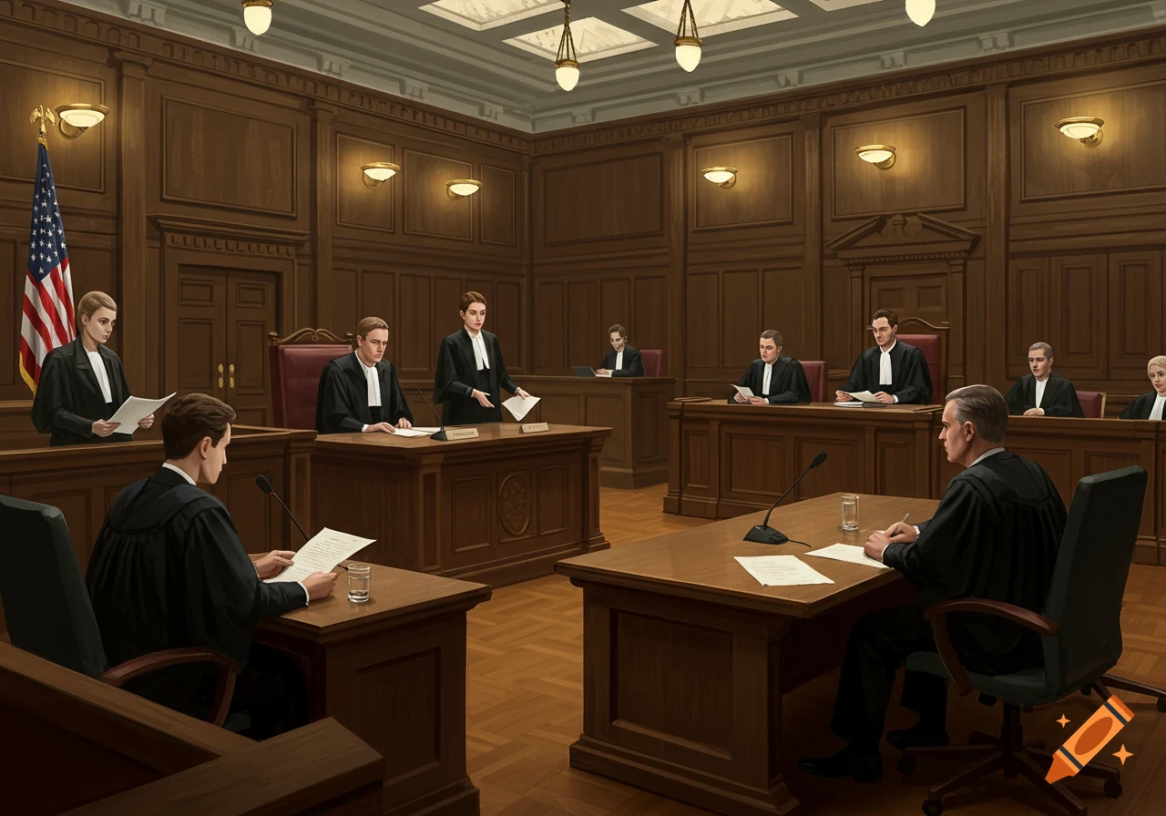 An illustration of a formal courtroom with people in black robes seated at wooden desks, an American flag in the background.