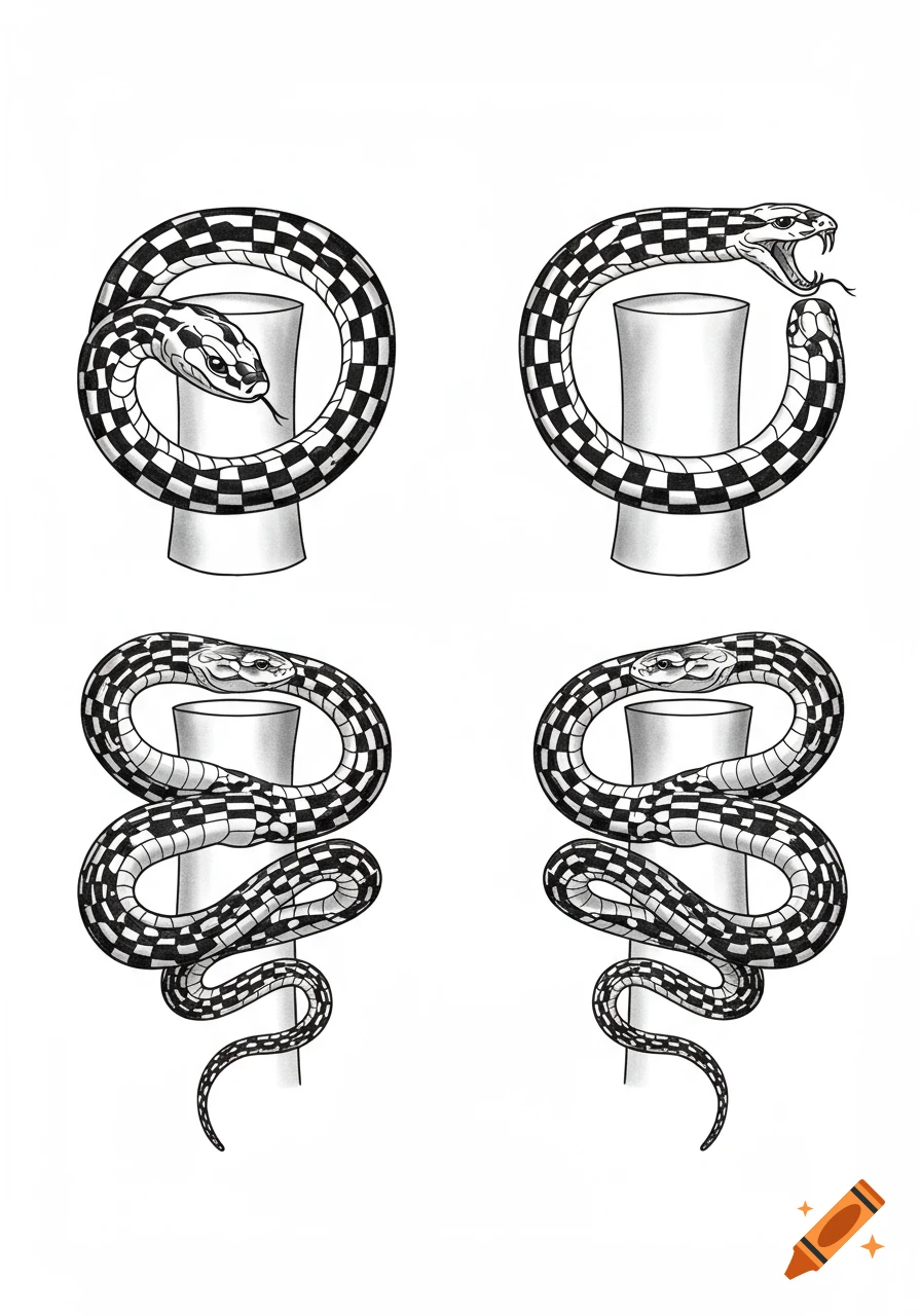 Four black and white checkered snake tattoo designs wrapping around cylinders in minimalist line art style.