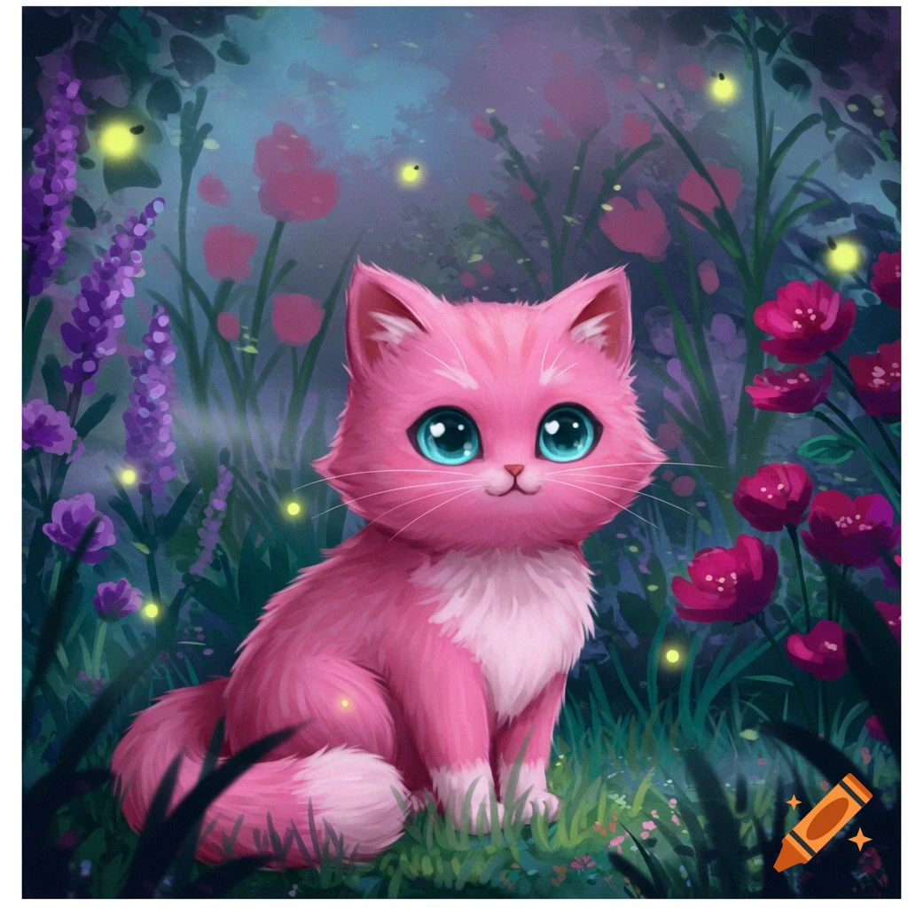 A cute pink cartoon cat with large blue eyes sits in a mystical garden filled with purple and pink flowers and glowing fireflies.