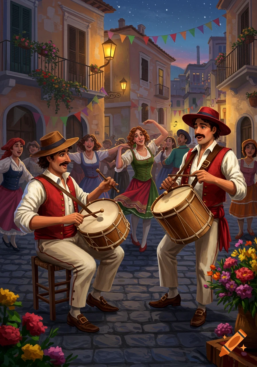 An illustration of a festive village celebration at dusk with two men playing drums and women dancing in traditional attire.