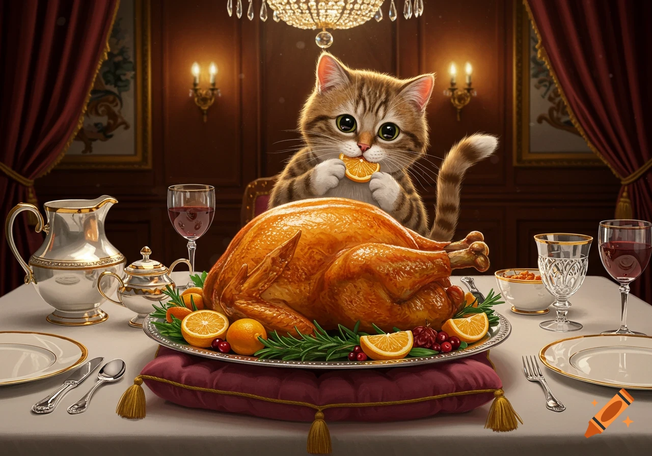 A cute cat with wide eyes holds an orange slice, sitting at a lavish dinner table with a roasted turkey and fine tableware.