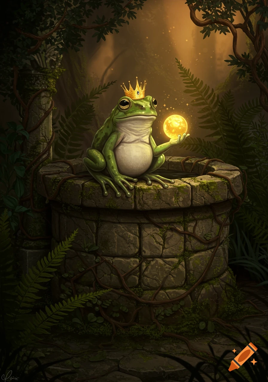 Regal frog with a gold crown sits on an old stone well in a magical forest, holding a glowing golden orb. Digital art.