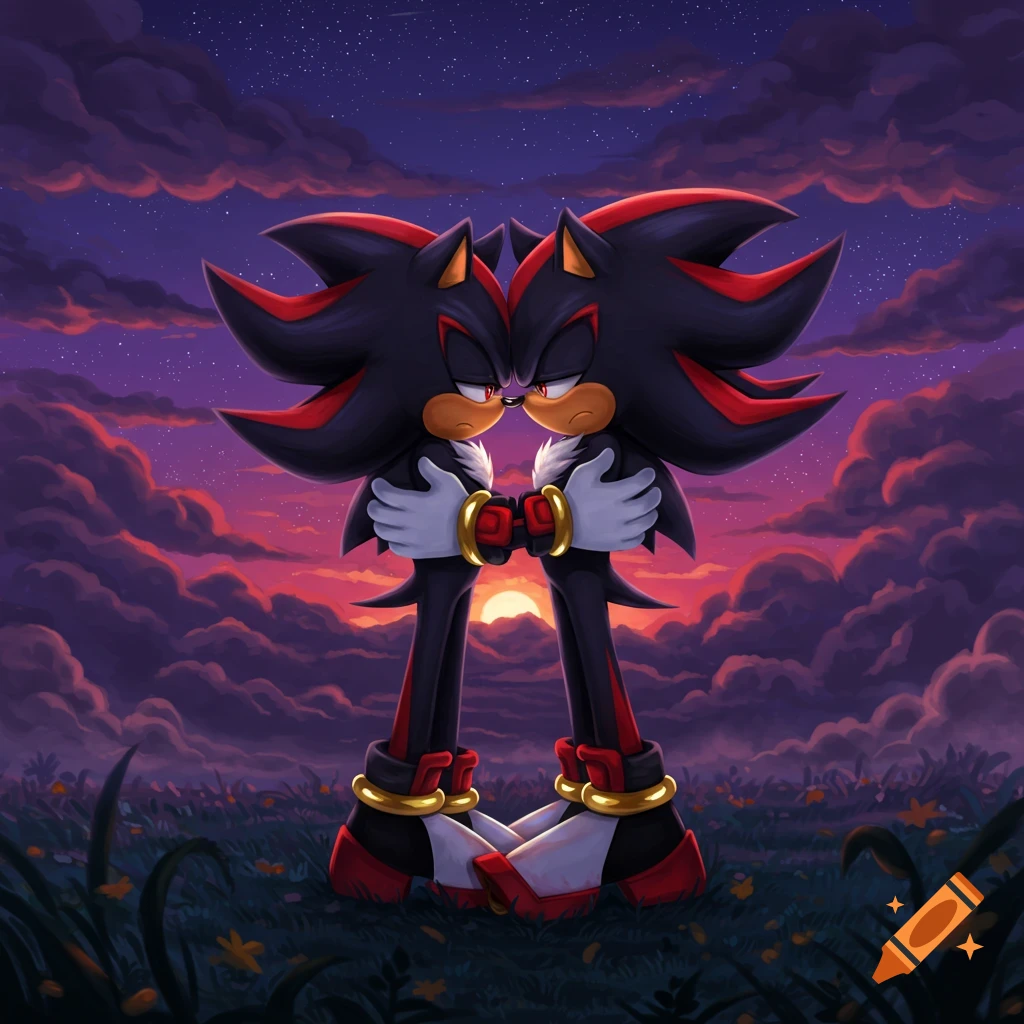 Two Shadow the Hedgehogs embrace in a field with a vibrant purple and orange sunset sky.