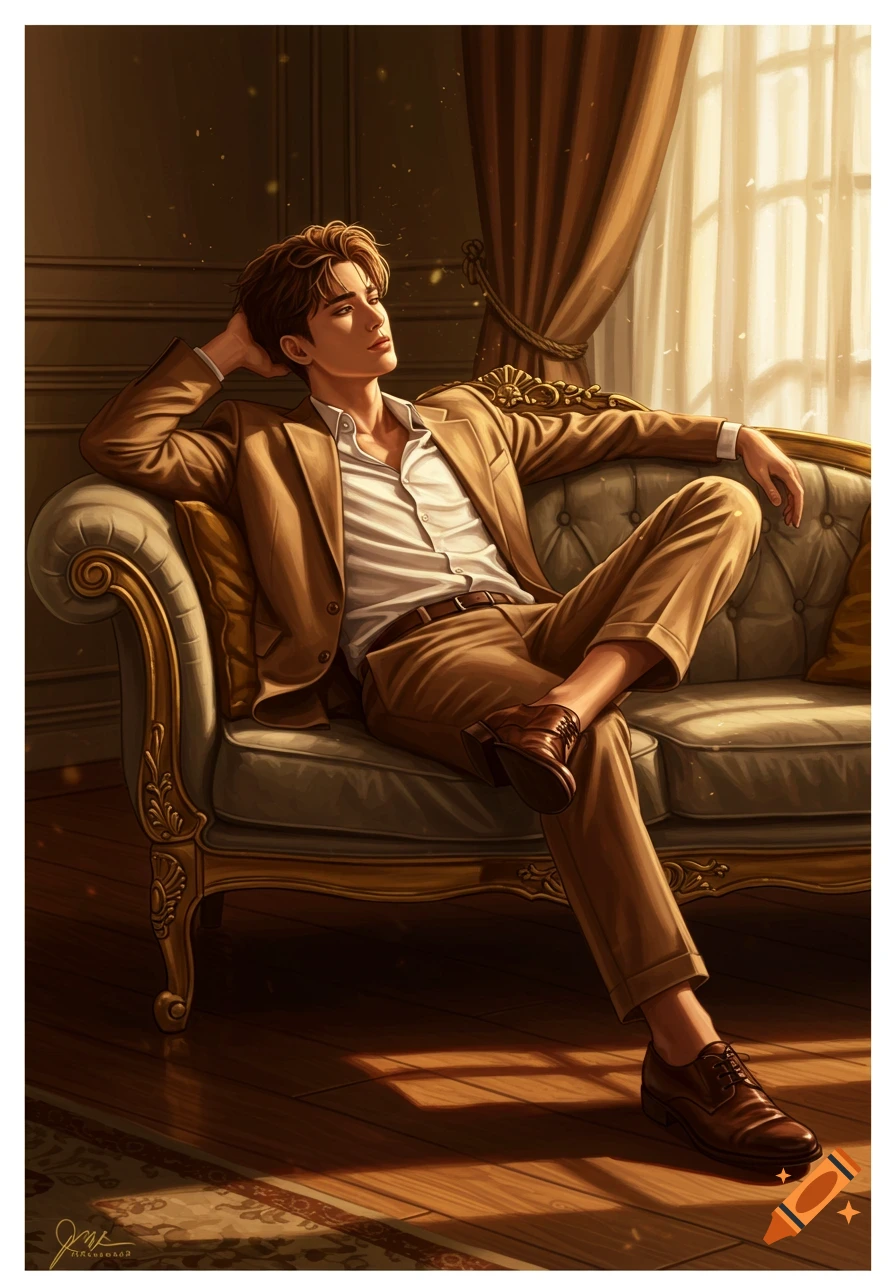 An anime illustration of a handsome young man in a tan suit relaxing on an ornate sofa in a sunlit, elegant room.
