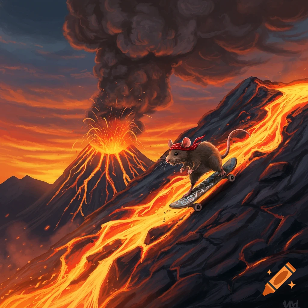 A determined rat in a red bandana skateboards down a volcanic mountain, flowing with bright orange lava and smoke filling the sunset sky.