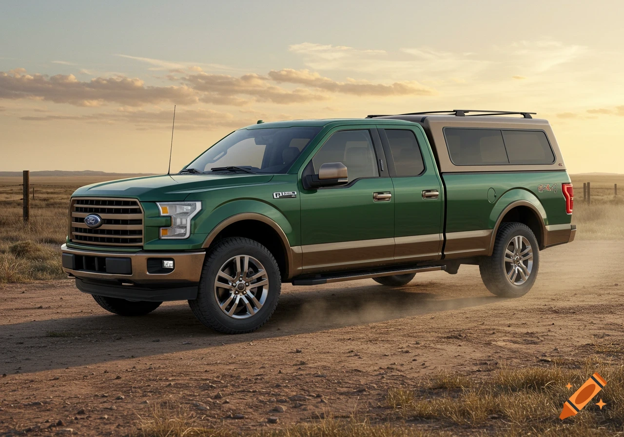 A two-tone green and brown Ford F-150 pickup truck with a camper shell drives on a dirt road under a partly cloudy sky at sunset.