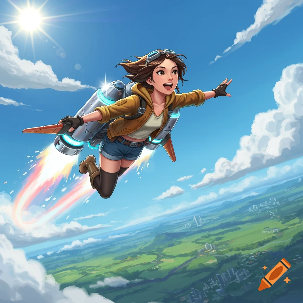 A vibrant illustration of a young woman flying through a blue sky with a jetpack over a green landscape.